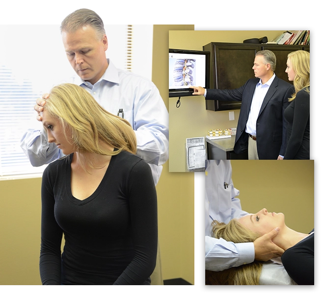 Collage Of Chiropractor Chad Abercrombie Adjusting And Consulting With Patient